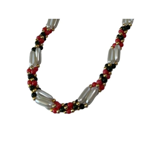 Vtg Retro Handmade Twisted Orange Black Gold Faux Pearl 17" Necklace - Picture 4 of 5